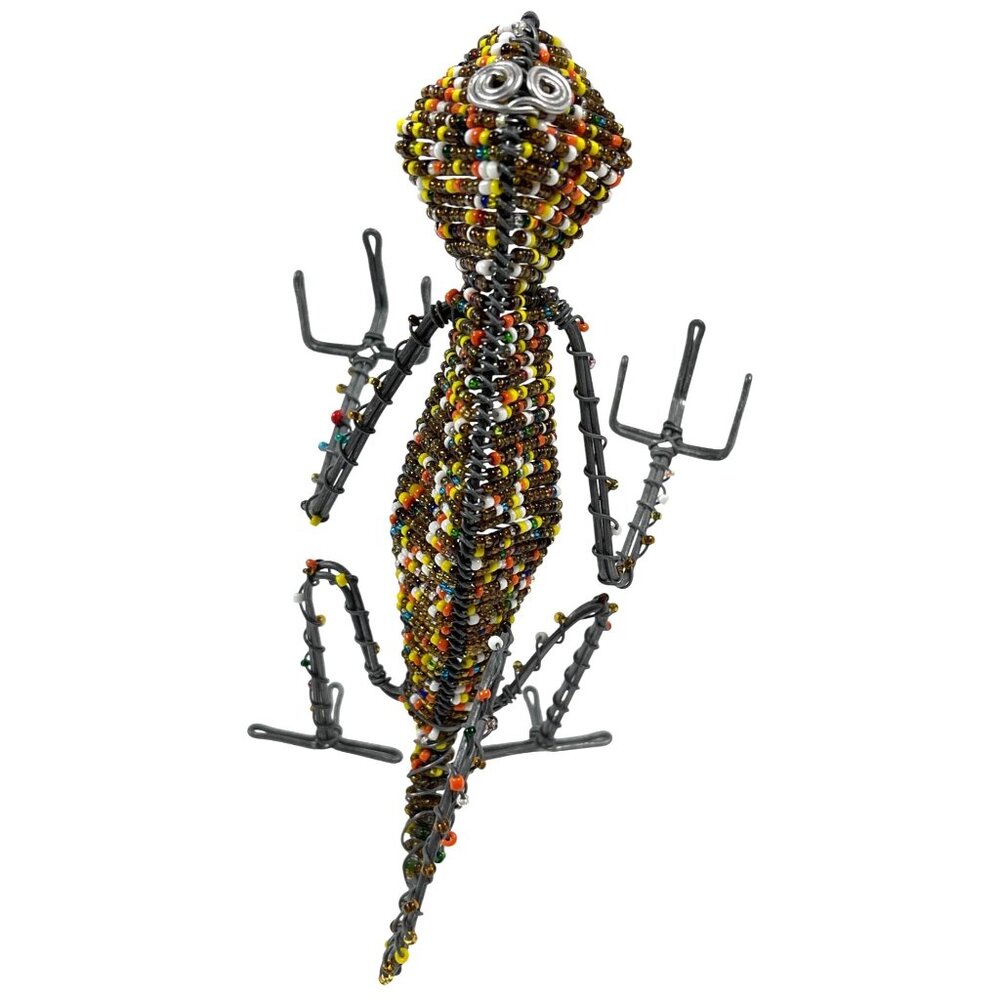 Handmade South Africa Lizard Chameleon Wire Bead Card Pen Pencil Holder Vintage - Picture 4 of 11
